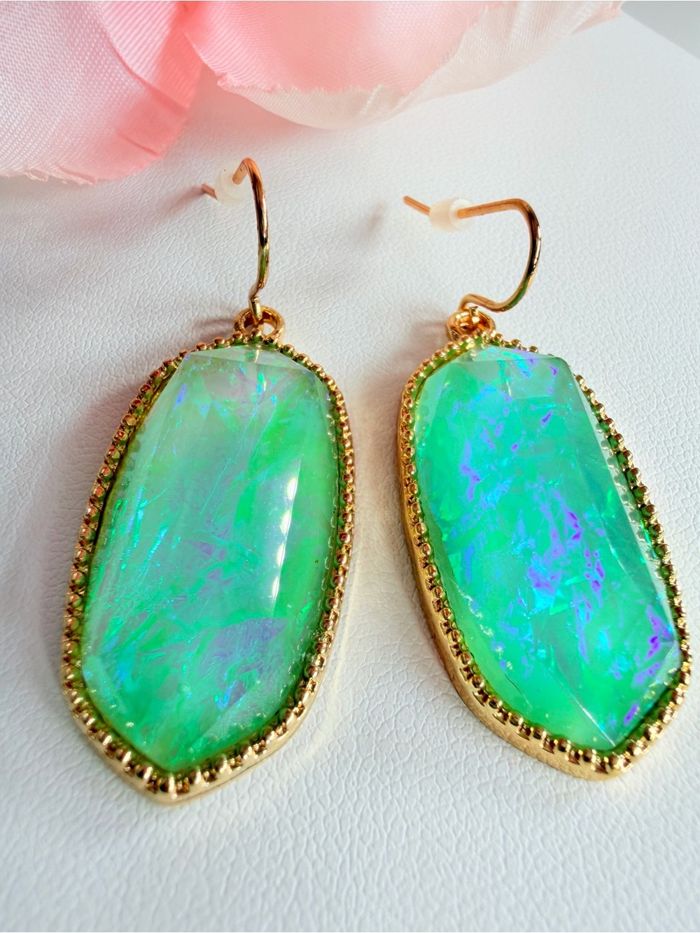 Gold-Trim Green Opal Drop Earrings - Elegant Women's Jewelry
